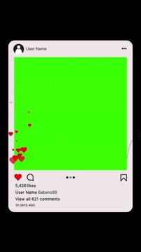 Social media post interface with likes, comments and black blank screen mockup, green screen