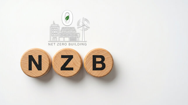 Three wood discs spelling NZB with a zero-carbon building and solar-roof icon above on a clean white background for net-zero building architecture.