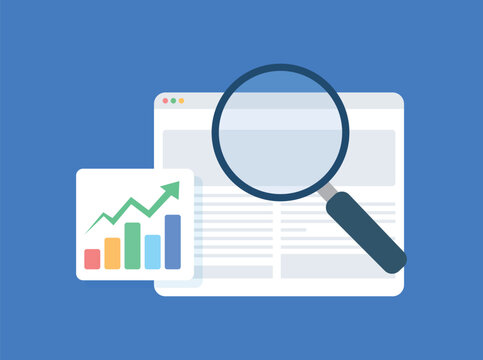 SEO Performance Analysis with Magnifying Glass, Website Traffic Growth and Data Analytics Vector Illustration