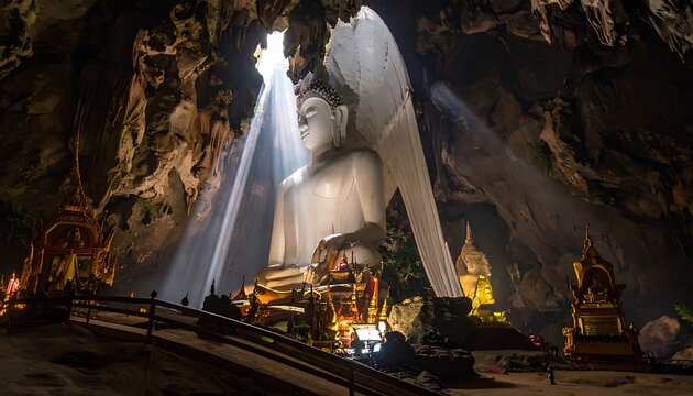 A large white Buddha statue in a cave with light beams