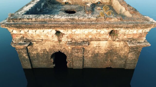 There is a very beautiful broken house underwater, Drone Shot in Mukutmanipur Dam