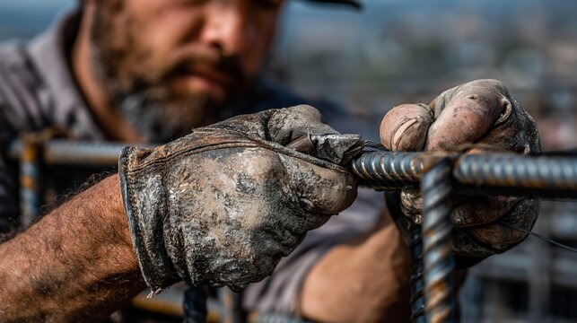 Construction worker in work gloves gripping steel reinforcement bar on job site. Labor-intensive industry, skilled trades, manual work, construction safety, and industrial craftsmanship concept.