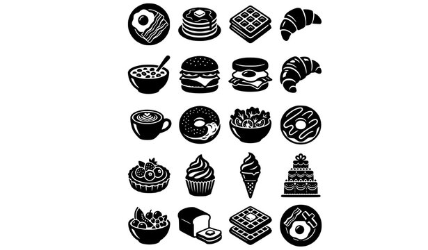 Diagonal arrangement of breakfast and food silhouette icons with eggs waffles burger salad cupcakes and desserts in modern black vector style