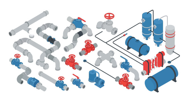Isometric view of various pipes and valves for industrial plumbing.