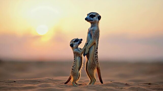 A meerkat parent with offspring standing on a sandy plain during twilight, silhouetted against the sky.