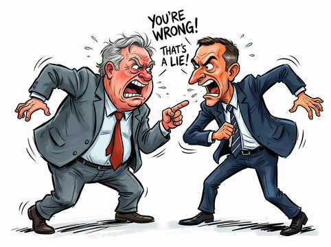 Two angry businessmen in suits shouting and arguing with each other.