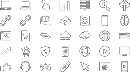 Fototapeta premium Digital Technology and Internet Icon Set with Devices, Data, Cloud, Security, and E-Commerce Symbols for Online and IT Designs