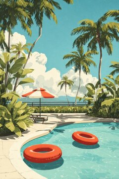 Tropical resort pool with red float rings, palm trees and ocean view on a sunny day