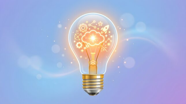 Glowing light bulb emits warm light with swirling gears and symbols.