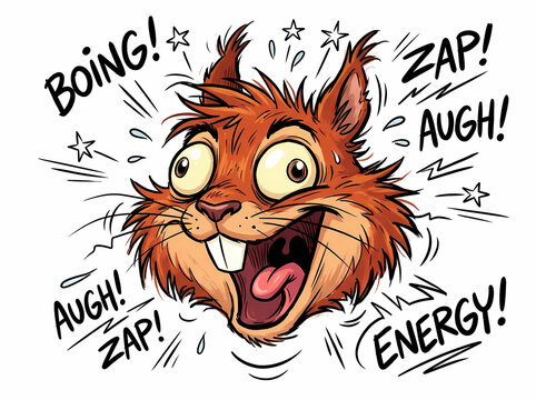 Cartoon squirrel character with crazy energetic expression and sound effects.