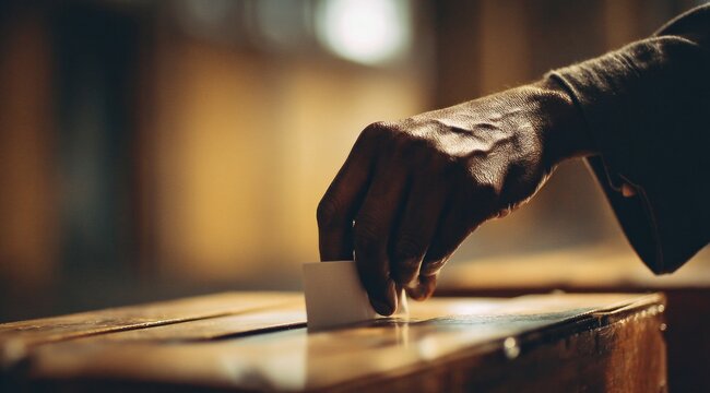 A person places a ballot into a wooden ballot box in a community center. The scene shows a quiet moment during the voting process for a local election