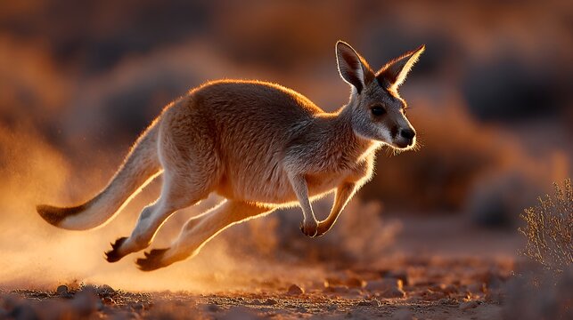 A kangaroo leaps through the Australian outback dust, with golden sunlight illuminating its powerful form du an arid late afternoon landscape.