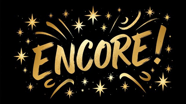 Golden 'Encore!' Callout with Stars and Sparks on Black Background