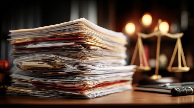 Stack of Legal Documents on Desk Beside Justice Scales and Dimly Lit Lamp