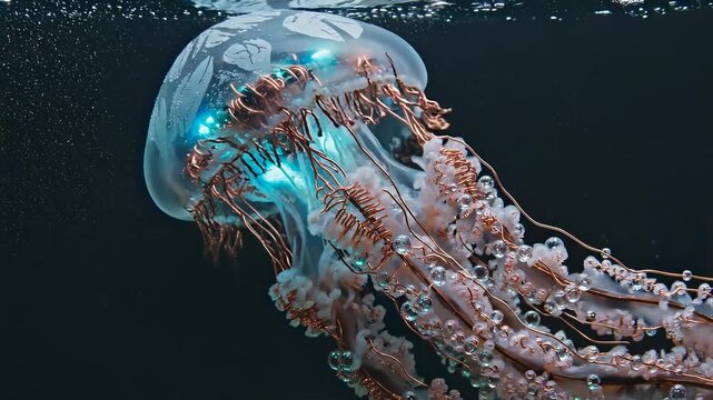 Glowing jellyfish swimming in dark water.