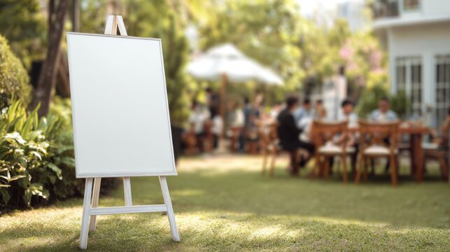 An empty easel sits on green grass in a garden while people gather at wooden tables. The setting shows a bright day with some trees and a parasol nearby