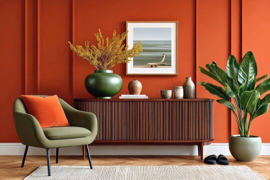 Cozy modern living room interior with orange accent wall, green armchair and decorative plants