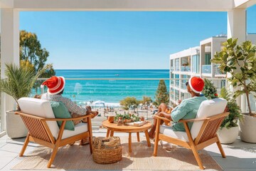 Obraz premium Couple relaxing on a sunny beach balcony wearing red Christmas hats and enjoying ocean views