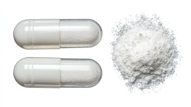 Two white capsules sit next to a pile of white powder on a plain white background. The focus is on the contrast between the solid and the loose substance