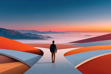 Naklejka premium Lone figure walking along surreal curved path at sunset above misty mountains, conceptual journey and choice