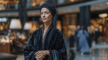 Fototapeta premium Elegant woman wearing black velvet cardigan in modern hotel lobby with warm lighting and blurred background. Urban fashion, luxury lifestyle, contemporary style, professional elegance.
