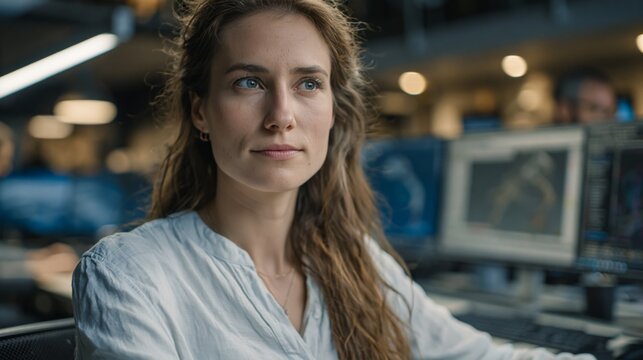 Professional woman in laboratory setting with focused expression gazing toward camera. Science, technology, innovation, research.