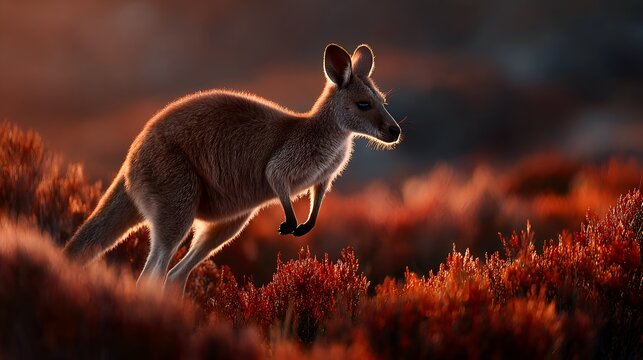 A kangaroo is jumping through the red grass in the australian outback illuminated by the warm sunlight of the sunset in the wilderness scene.