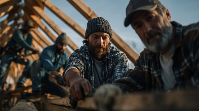 Construction crew of male workers collaborating on wooden roof framing at job site with clear sky. Teamwork, skilled trades, building industry, construction management.