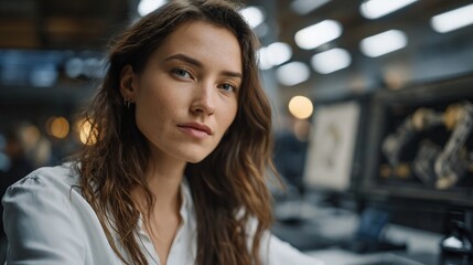 Fototapeta premium Professional woman in modern office environment with thoughtful expression looking away. Corporate leadership, workplace confidence, business portrait, professional mindset.