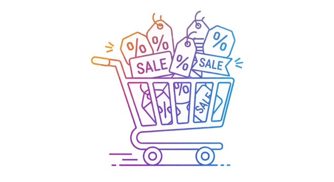 Shopping Cart Full of Sale Tags and Percentages - Online Shopping Concept