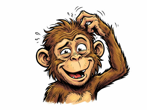 A whimsical hand drawn cartoon illustration of a confused and curious monkey scratching its head.