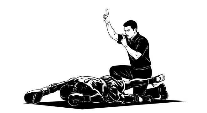 Boxing match referee and knocked out athlete illustration