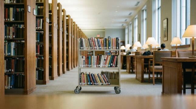Library book trolley filled with hardcover volumes in a university study hall. Academic research, higher education and literacy concept for student learning.