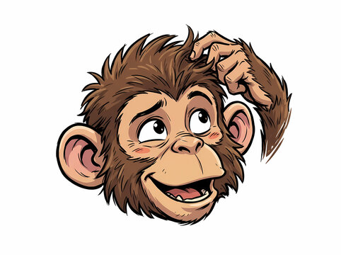 Cartoon illustration of a curious monkey scratching its head.