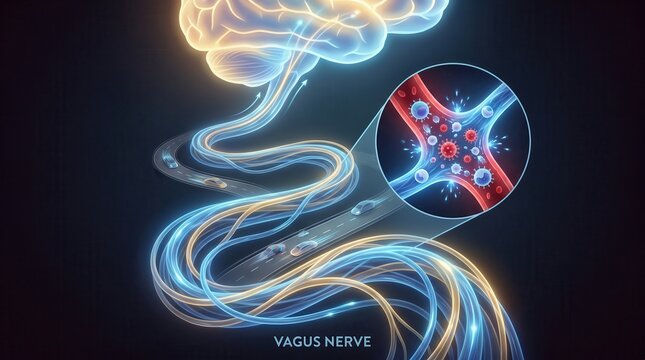 Gut-Brain Axis Microbiome Depression concept. Illustration of the human brain connected to the vagus nerve with glowing pathways.