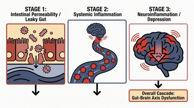 Gut-Brain Axis Microbiome Depression concept. Diagram showing stages of gut-brain axis dysfunction from leaky gut to neuroinflammation