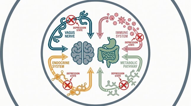 Gut-Brain Axis Microbiome Depression concept. Diagram illustrating the relationship between the brain, immune system, endocrine syste...