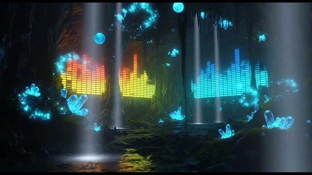 Glowing neon audio spectrum visualization pulses behind sparkling blue crystals in a mysterious cavernous fantasy environment creating an immersive digital motion animation for a music video