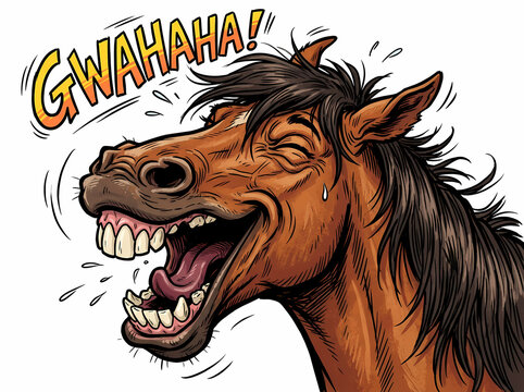 Funny Cartoon Horse Laughing Out Loud With Gwahaha Text.