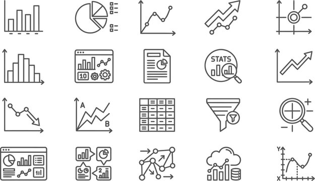Data visualization vector icons set, single color black line symbols, charts, graphs, analytics dashboard, statistics, reports minimal UI design