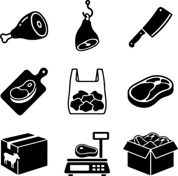 Meat industry icons set butcher tools and food packaging