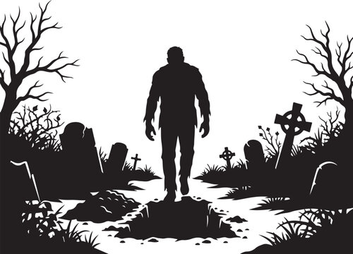 Black silhouette zombie, creepy graveyard scene, Halloween vector, spooky illustration