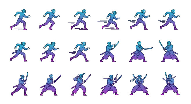 Ninja Action Poses: Running, Sword Fighting, and Combat Stance - Pixel Art Animation Frames