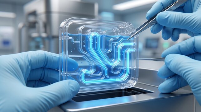 Microfluidic chip technology in laboratory setting, scientist hands holding organ-on-a-chip device, biomedical research and biotechnology innovation