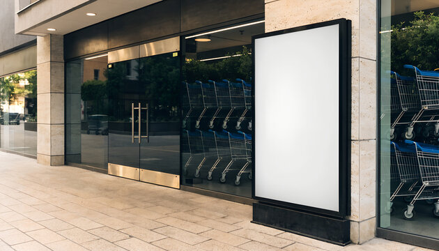 Blank billboard display outside a commercial building with shopping carts in the background