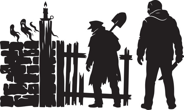 Black silhouettes, zombie apocalypse survivors, man and woman, shovel, fence, vector illustration