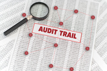 Audit trail concept showing connected documents and traceable records across financial data for transparency and compliance © LaTerase