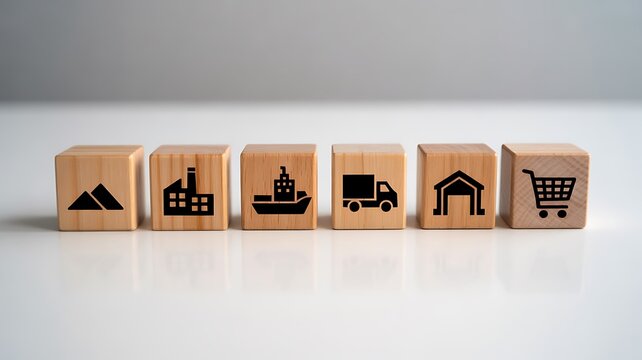 Supply chain process icons on wooden blocks showing factory warehouse transport construction and retail logistics flow