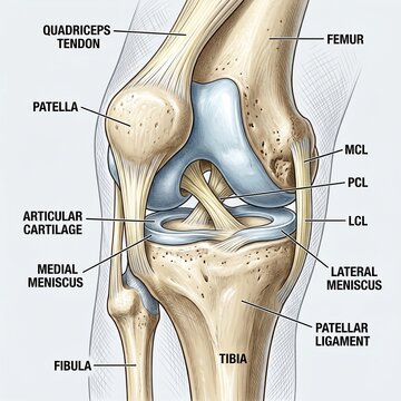 AI Generated Human Knee Joint Anatomy with Ligaments and Cartilage Labeled Illustration