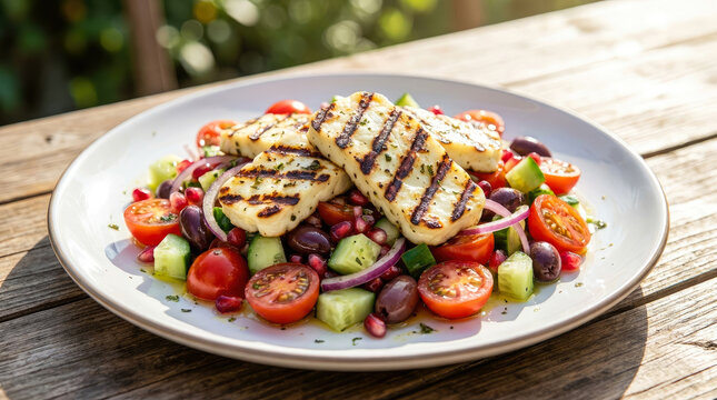 Fresh grilled halloumi salad with tomatoes cucumbers and pomegranate seeds